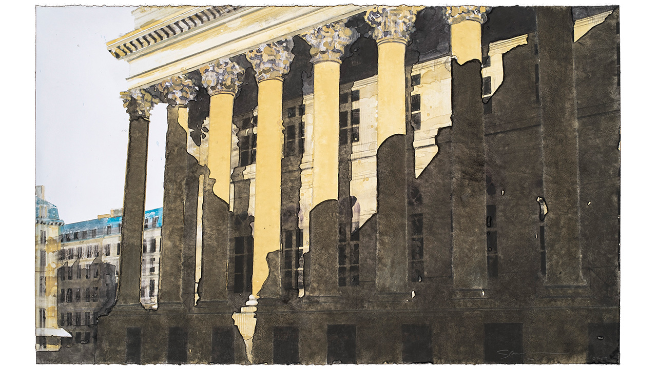 L‘ombre sur la Bourse, Paris, 2021, Aquarell auf Papier, 39,8 x 65 cm