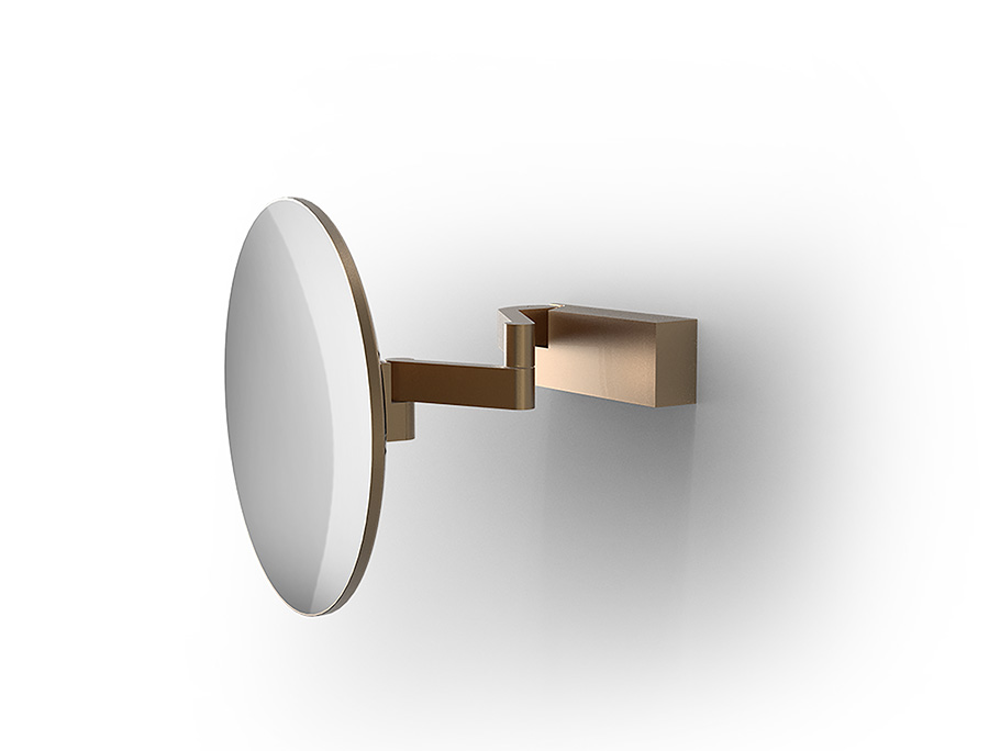 Gute Sicht: Der Kosmetikspiegel VISION R UNLIT 5X, inkl. Lichtquelle, in der Farbe Kupfer matt PVD, hilft Ihnen dabei, jedes noch so kleine Haar zu sehen. www.decor-walther.com Foto: © Decor Walther