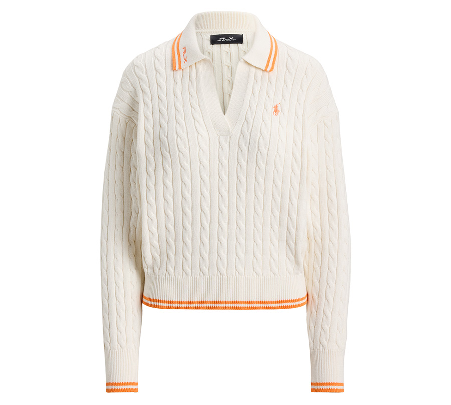 Lässige Silhouette | Ein Pullover mit Zopfmuster und Polokragen aus der RLX Golf Sommerkollektion 2026 www.ralphlauren.com Foto: © Polo Ralph Lauren