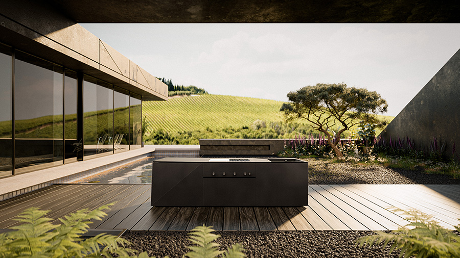 Architektonisches Outdoor-Statement „FOLD.AIR“ ist keine Outdoorküche im klassischen Sinne. Sie vereint in ihr minimalistisches, präzises Design, vollwertige Küchenmodule, einen integrierten Grill und eine flächenbündige Spüle. Die perfekt durchdachte Luxus-Outdoorküche für anspruchsvolle Architektur – modern, wetterfest, langlebig. | www.steiningerdesigners.com | Foto: © STEININGER DESIGNERS