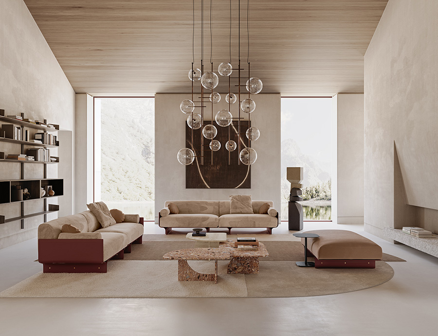 Geschwungene Anmut trifft auf edle Materialität | Ein Raum, sprichwörtlich perfekt abgerundet: Das Stami Sofa – mit seinen umschmeichelnden Linien und dem geschwungenen Untergestell – harmoniert auf einzigartige Weise mit dem Marmor-Couchtisch Selce, ebenfalls in runder Form, mit besonderem Design, das einem Sinnbild für unendliche Möglichkeiten gleicht. Die unverwechselbare Hängeleuchte Bolle Tela macht das Spiel aus Kontrasten perfekt. www.gallottiradice.it Foto: © Gallotti & Radice