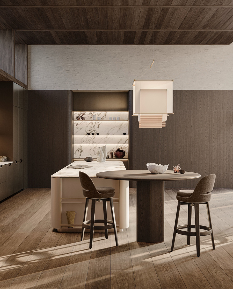 Präzises Design. Eleganter Komfort. Ein massiver Holzrahmen verleiht dem drehbaren Hocker „Mollis“ (Design Vincent van Duysen) Stabilität und warme Ausstrahlung, die filigrane Metall-Fußstütze setzt einen funktionalen Akzent, und die sanft gewölbte Sitzfläche lädt zur Entspannung ein. www.molteni.it Foto: © Molteni&C.
