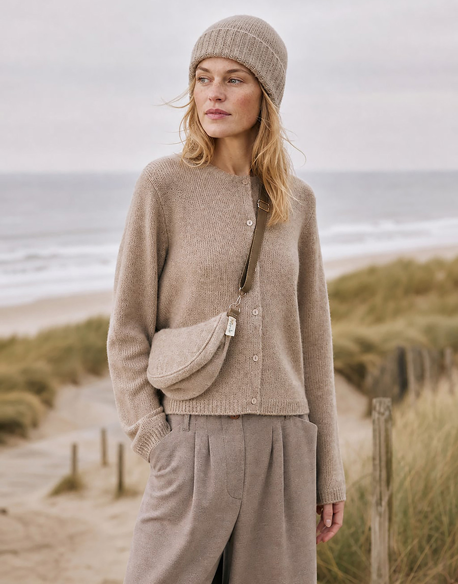 Ton in Ton | Ein Outfit, das harmonischer nicht sein könnte und elegante Sanftheit und stilvolle Geborgenheit perfekt vereint: Strickjacke (C157L), Mütze (H30) und Stricktasche zu 100% aus Cashmere; Hose (TFP90) aus Flanell. www.henry-christ.com Foto: © Henry Christ | KI-bearbeitet